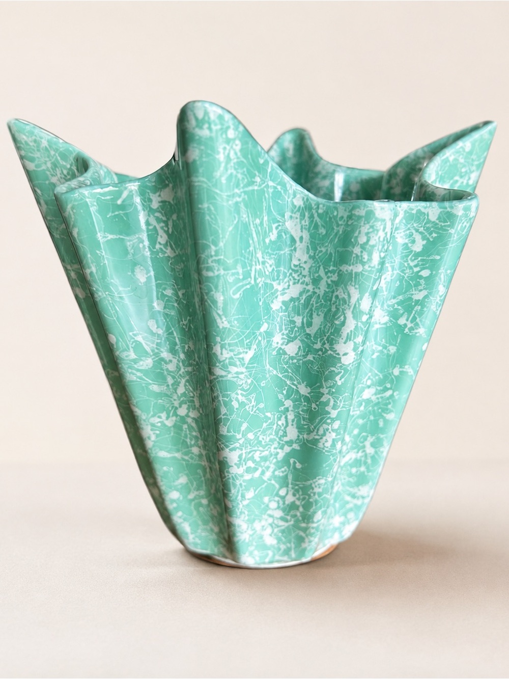 Vintage Aqua Turquoise Splatter Glaze Handkerchief Vase Mid Century Modern
